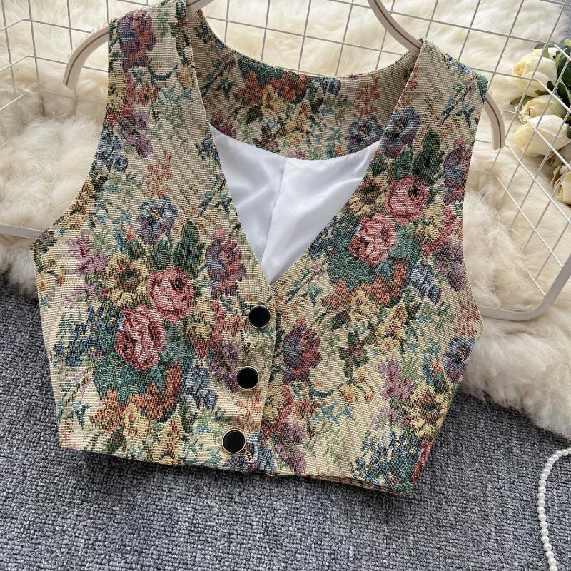 Винтажная шикарная майка с цветочным принтом, женская майка с вышивкой и v-образным вырезом во французском стиле, женская летняя рубашка в стиле ретро, ​​универсальный модный дизайн, вечерние жилет