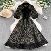 French Elegant Bow Puff Sleeve Dress Women 2025 Spring Autumn New Flocking Floral Waist Slim Long Dresses Patchwork Party Clothing