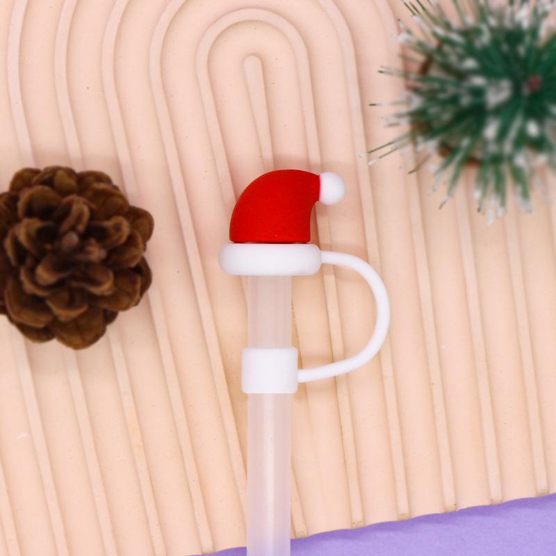 1pc Christmas Straw Cover Caps Silicone Straw Tips Protectors for 10mm 8mm Drinking Straws Reusable Cute Straw Toppers Cup Cover