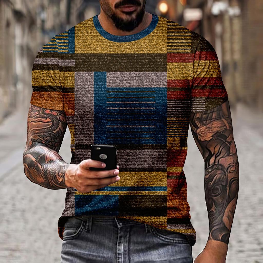 Летняя мужская футболка с короткими рукавами и 3D-принтом в стиле пэчворк для мужского спорта, отдыха, индивидуальности, модной тенденции, мужской одежды