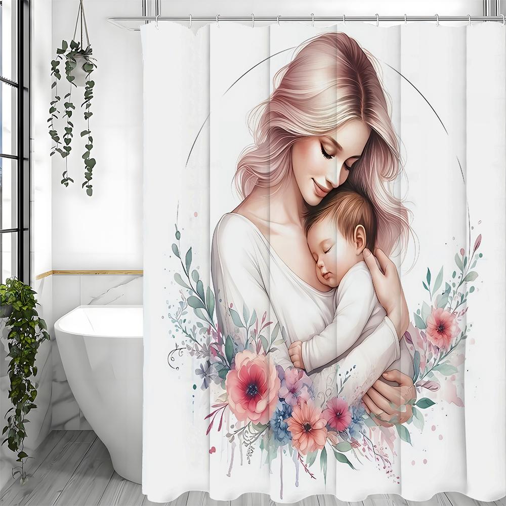 Mother's Day Mom Holding Child Floral Shower Curtain, Bathroom Decorative Shower Curtain, Waterproof Shower Curtain with Hooks