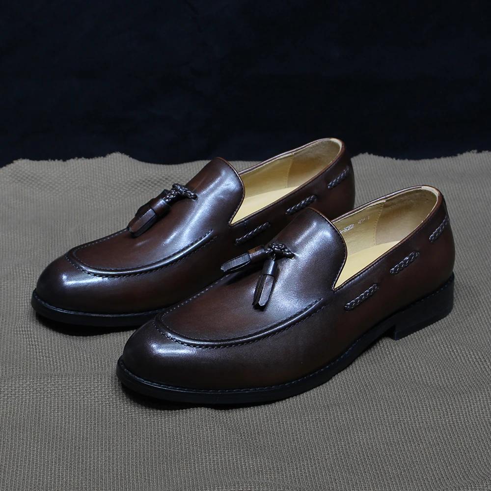 Fashion Classic Men's Genuine Cow Leather Tassel Loafers Slip-On Formal Dress Shoes Plain Toe Office Casual Loafers for Daily Wear