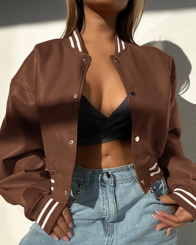 Европейская и американская женская мотоциклетная куртка из ПУ кожи на осень/зиму 2024 года с длинными рукавами.