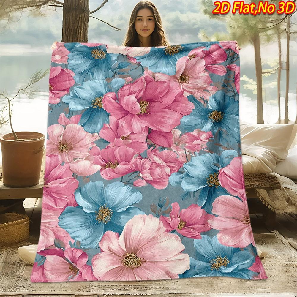1pc 2D Flat Printing Spring And Summer New Arrival Vintage Romantic Pink Blue Large Floral Theme Digital Print Blanket, Throw, Soft And Comfortable 10