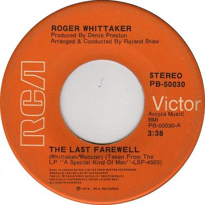 7-дюймовая пластинка ROGER WHITTAKER - The Last Farewell PB50030 RCA 1974 Канада Поп Б/У
