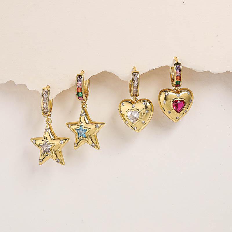 HECHENG,New Rainbow CZ Huggie Hoop Earrings for Women Gold Plated Crystal Heart Star Drop Earring Statement Fashion Zircon Gift