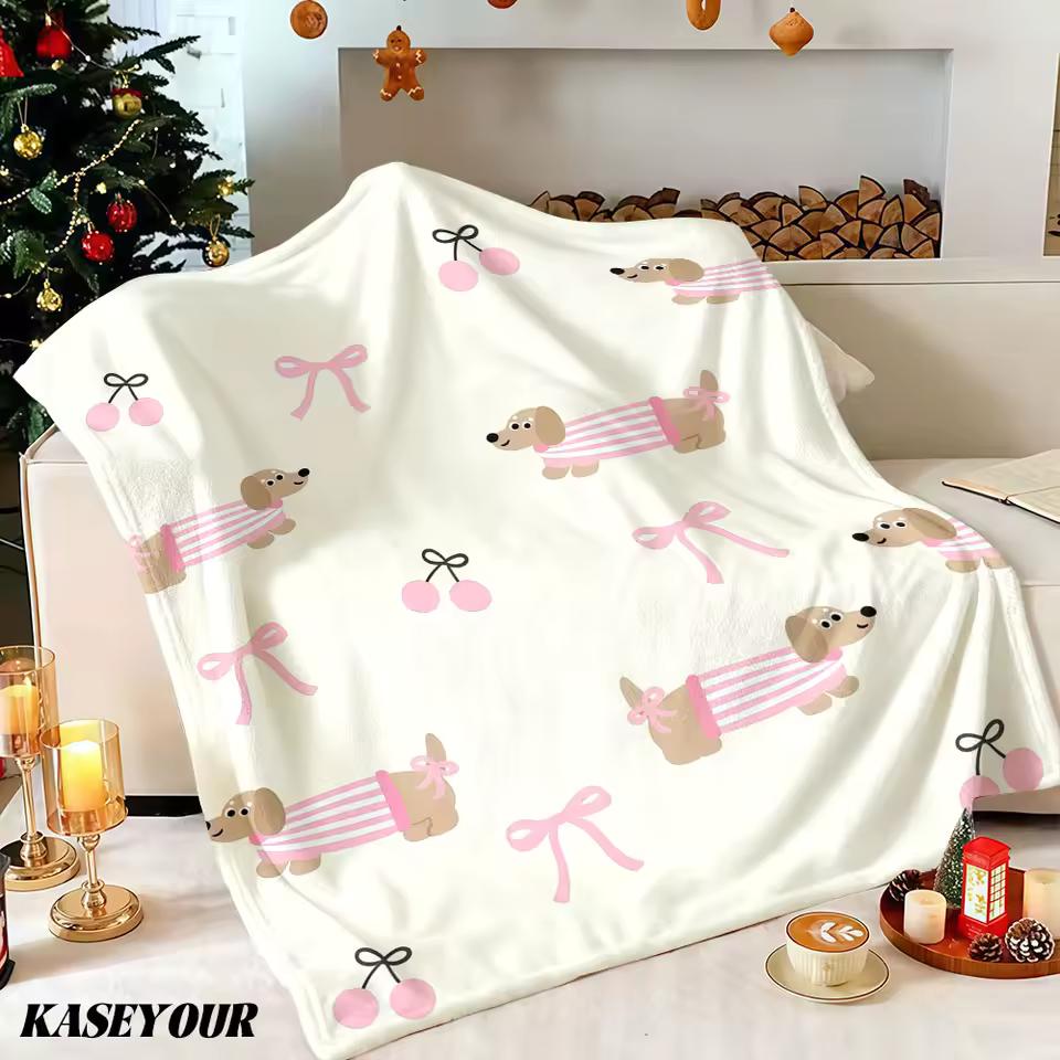Pink Dachshund Cherry Winter Summer Flannel Blanket Throw Fleece Soft Fuzzy Plush Cozy Fleece Blankets for Sofa Ideal Gifts