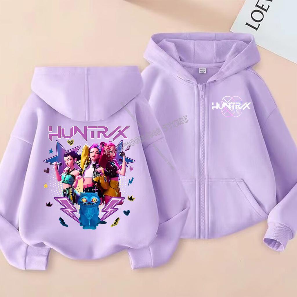 KPop Demon Hunters Zipper Hoodie Cartoon Girls Coat Fashion Thin Clothes Purple Autumn Hoodie Jacket Kids Anime Sweatshirt Gift