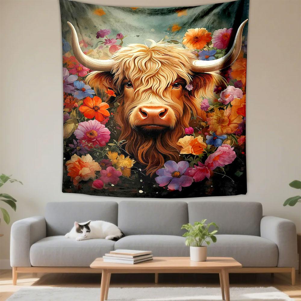Highland Cow Longhorn Colorful Flowers Wall Tapestry Boho Floral Art Decor for Living Room Bedroom Gift