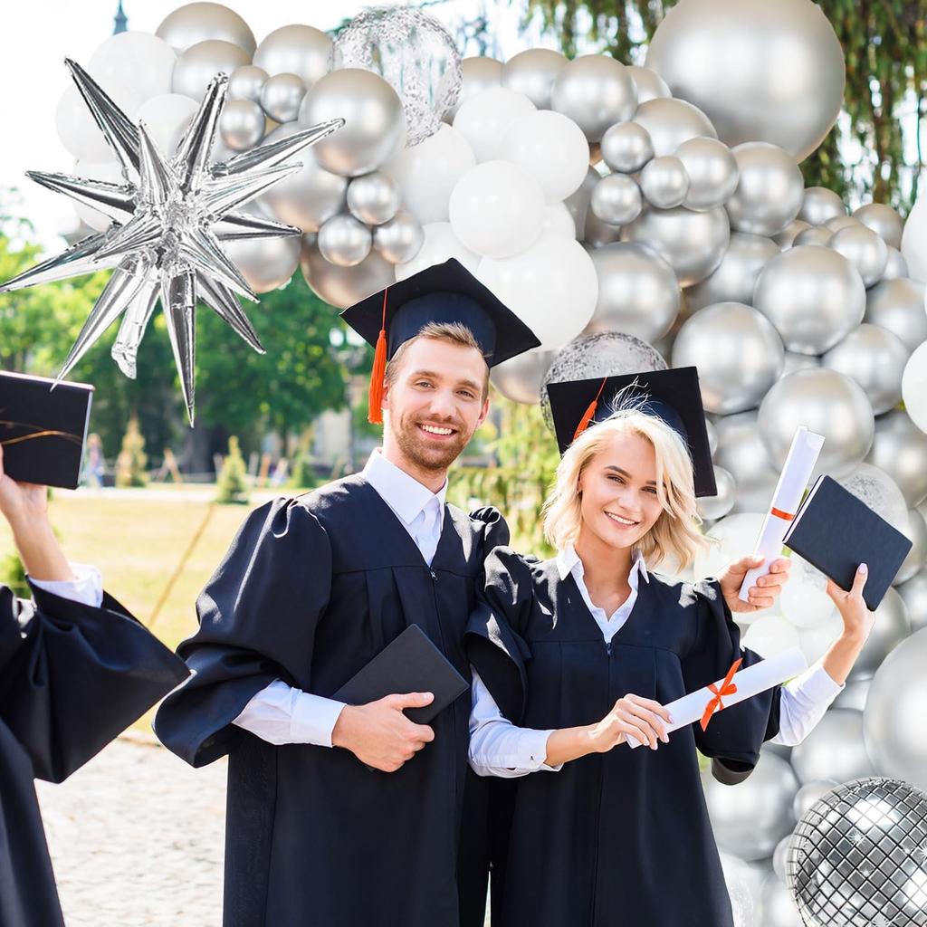 Disco Party Balloon Garland Arch Kit 134 Pcs Metallic Silver Matte White Confetti Balloons Disco balls for Adult Birthday Dancing Decor Graduation