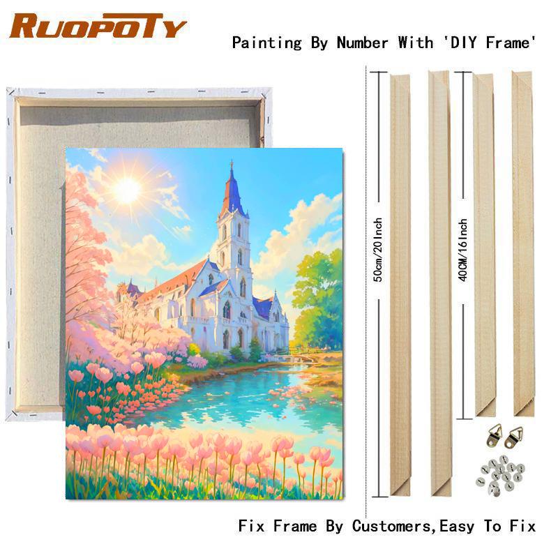RUOPOTY Современная картина по номерам своими руками с замком в рамке и цветами, ручная роспись акриловой краской по номерам для домашнего декора