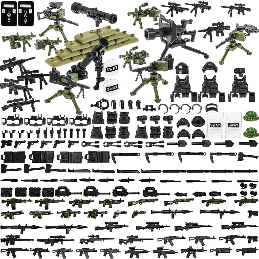BrickBounty Guns Weapons Weapon Pack Compatible with Major Brand Building Includes Military WWII Military SWAT and Ammo 130-Pcs - - Blocks, Helmets,