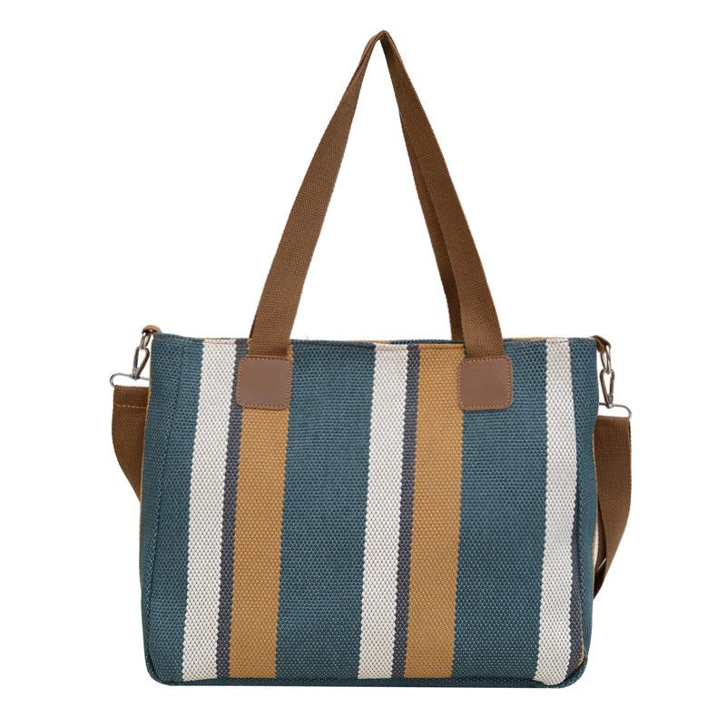 Big Bag Women's New Fashion Striped Canvas Versatile for Commuting Hand-held Tote Bag Trendy Single Shoulder Crossbody Mommy Bag