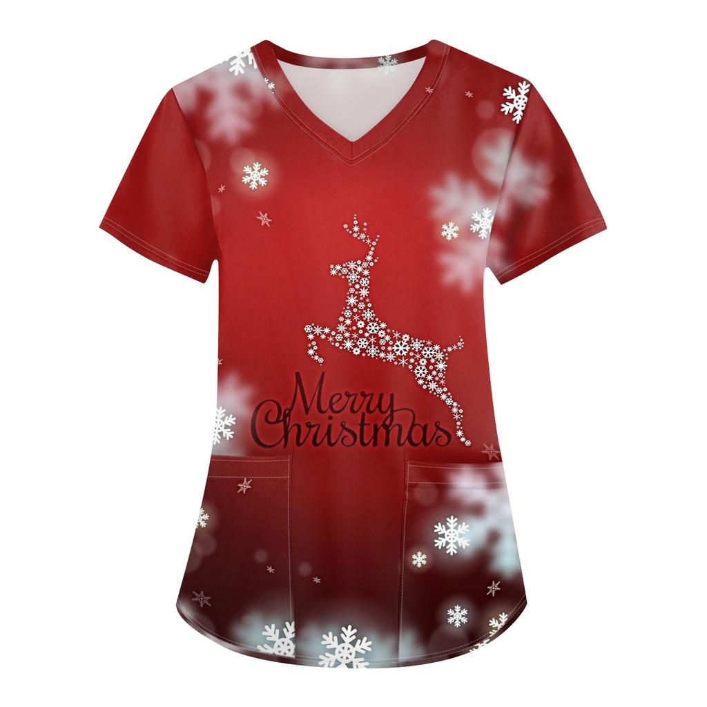 Plus Size Printed Scrub Working Uniform Tops For Women's Cross V Neck Christmas Print Short Sleeve Fun T-Shirts Workwear Tee With Pockets