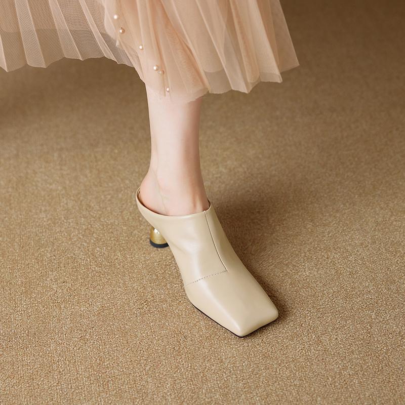 Мода 2025 Женская обувь Новые летние ретро квадратный носок натуральная кожа овчина баотоу высокий каблук большие мюли полушлепанцы каблуки женские