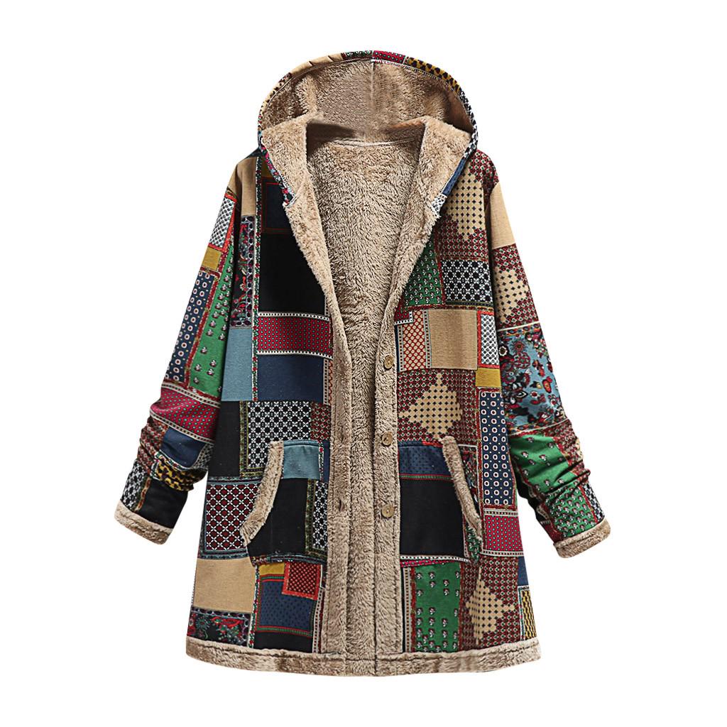 (SU)Womens Winter Warm Outwear Print Hooded With Pockets Vintage Coats Cardigan