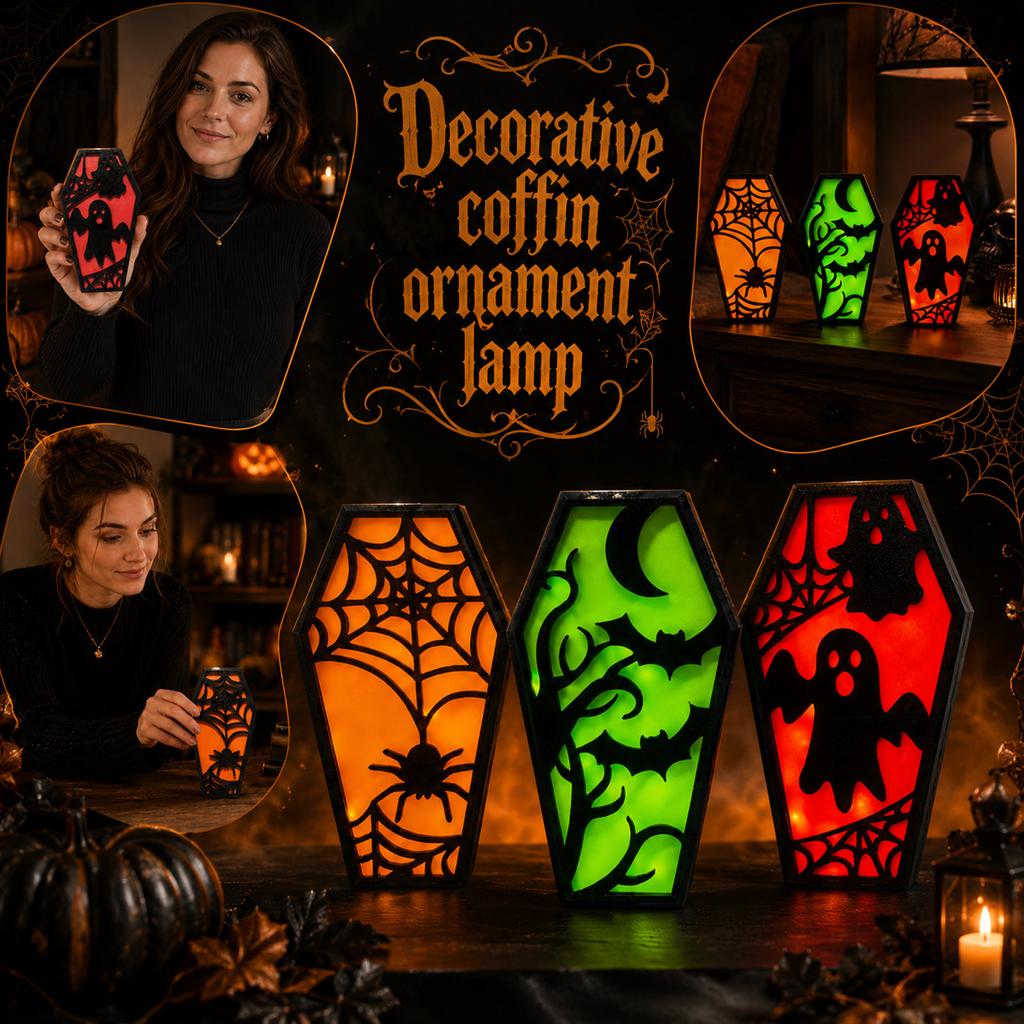 Halloween Coffin Decoration with LED Light Bat and Ghost Design Indoor Outdoor Party Prop Atmosphere Enhancer