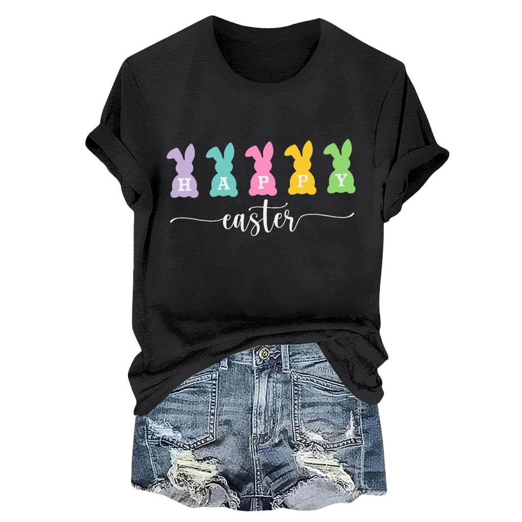 Женская модная пасхальная принтованная повседневная плиссированная круглая футболка с коротким рукавом