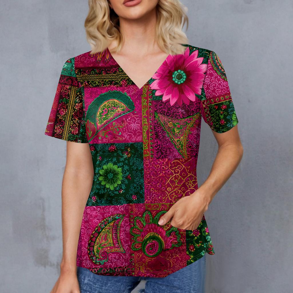 Women's Retro Printed V-Neck Double Pocket Short Sleeves Hem Slit Uniform Caregiver Top