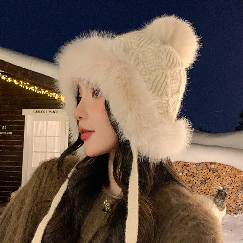 Зимняя шапка из искусственного меха лисы для женщин - толстая теплая вязаная шапка-ушанка, ручная стирка, смесь хлопка, не растягивается