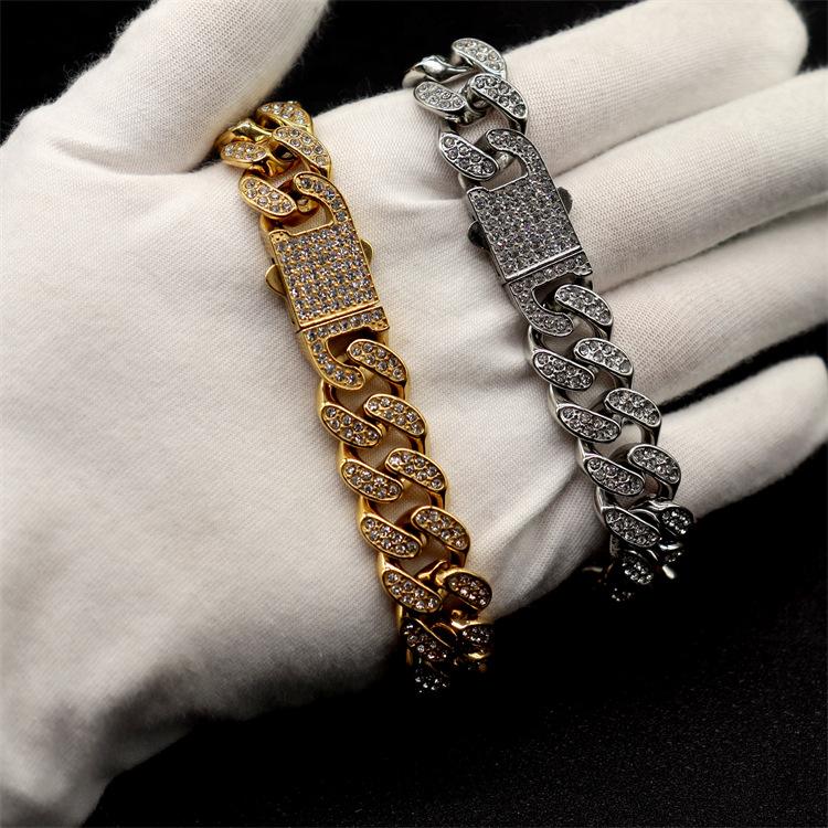 Pvd 18k Gold Color Hip Hop 11MM 15MM 19MM Width 316 Stainless Steel with Two Row Rhinestone Iced Out Cuban Link Chain Necklace