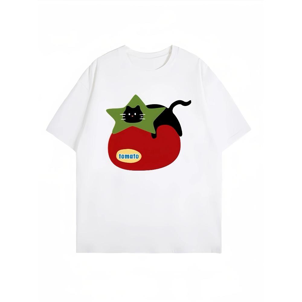 Summer Black Casual Tomato Cat Graphic Printed T-Shirts Round Neck Short Sleeve Street Styles Comfortable Daily Wear Cool Top