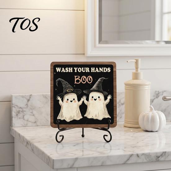 Decorative Table Sign Halloween Wooden Sign, Cute Ghost Boo Plaque with Retro Wood Grain Metal Stand for Indoor Desk Shelf Home Decor Autumn Festive