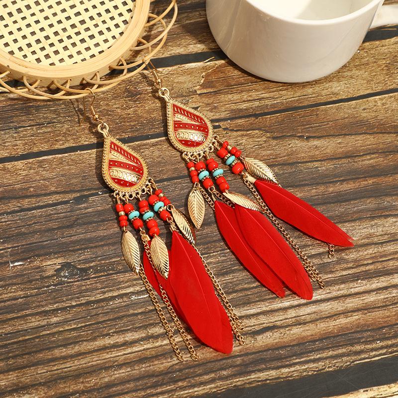 High-Value Feather Earrings Bohemian Long Tassel Photo Women'S Ear Hooks Personalized Earrings