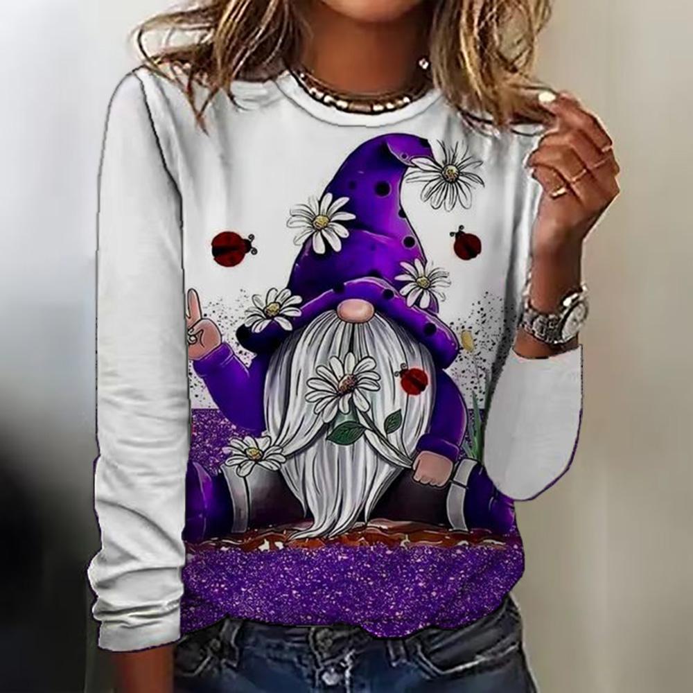 Spring and Autumn Long Sleeved Women's Top Christmas Printed Round Neck T-shirt Casual Cute Style