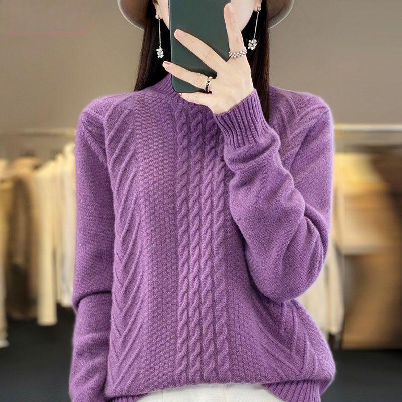 Зимний вязаный женский розовый свитер, толстый вязаный базовый свитер с витым цветком