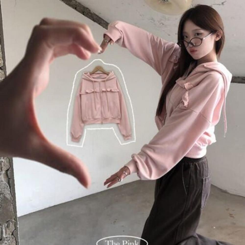 The Pink Loose Fit 2way Frill Hood Zip Up