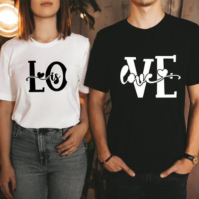 Splicing LOVE Heart Print Парная футболка с коротким рукавом и круглым вырезом, свободная футболка King Queen, футболка для любителей моды, топы, одежда