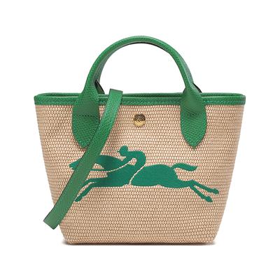 Le Pliage Paris 15 Вышитый логотип Цветные блоки Солома Лен Смесь Кожа Пельмень Плечевая сумка-тоут Мини Женские сумки Хаки Зеленый 10162HYT129