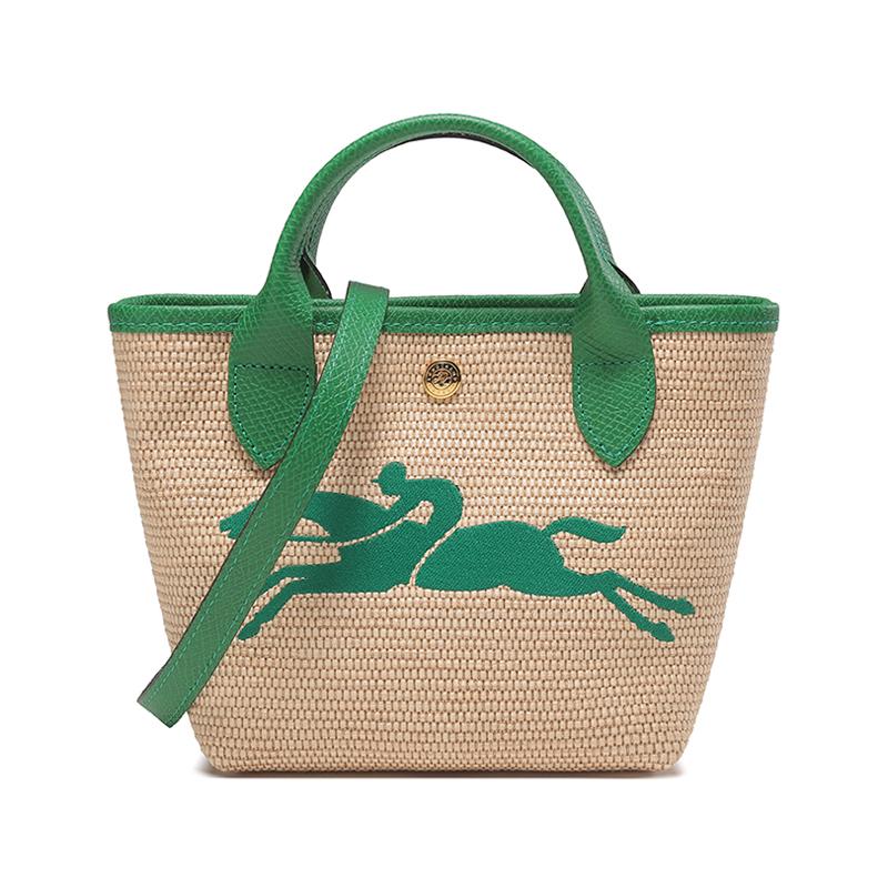 Longchamp Le Pliage Paris 15 Вышитый логотип Цветные блоки Солома Лен Смесь Кожа Пельмень Плечевая сумка-тоут Мини Женские сумки Хаки Зеленый 10162HYT129