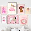 Розовый Девочка Лев Собака Воздушный шар Вишня Детская Настенное искусство Холст Живопись Мультяшный Постер и Принты Картинки Комната для Малышей Домашний Декор