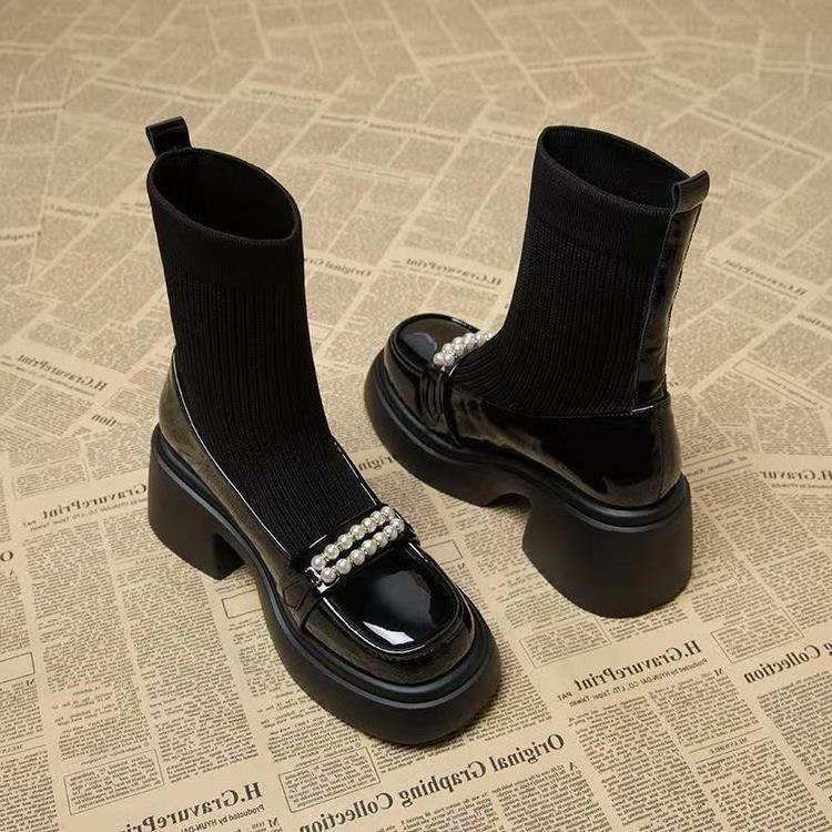 Ботинки Martin на толстой подошве женские тонкие сапоги на высоком каблуке с жемчужным узором сапоги на толстом каблуке с эластичной резинкой осенняя и зимняя одежда мода и досуг