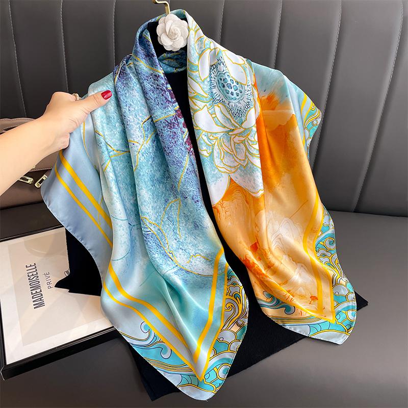 Print Satin Silk Square Scarf Hijab Women Bandana 90CM Headscarves Neckerchief Ladies Muffler Shawl Wrap Foulard Headband