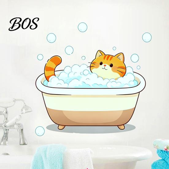 Humorous Wall Sticker Cartoon Cat Sticker, Funny Orange Bathing/Licking Decal, Kitchen Decoration Peel And Stick Self-Adhesive PVC Room Mural