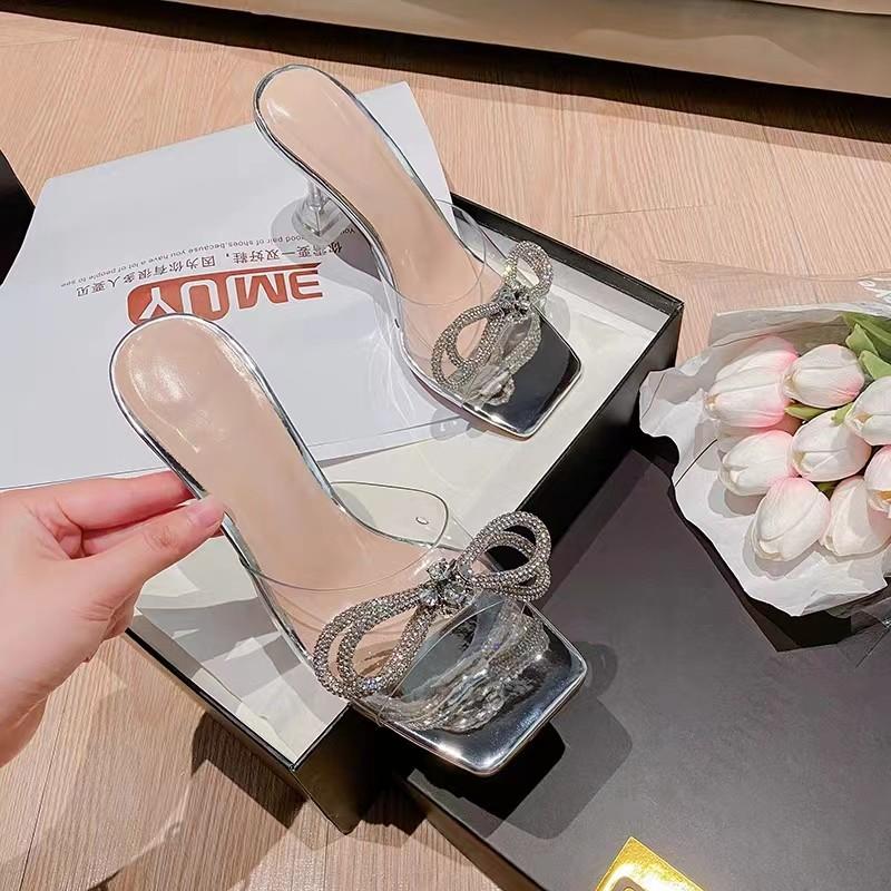 Fashion Summer New Style Luxury Fashion Sexy Comfortable Banquet Casual Rhinestone Elegant High Heels Bow Women's Slippers Zapatos Mujer