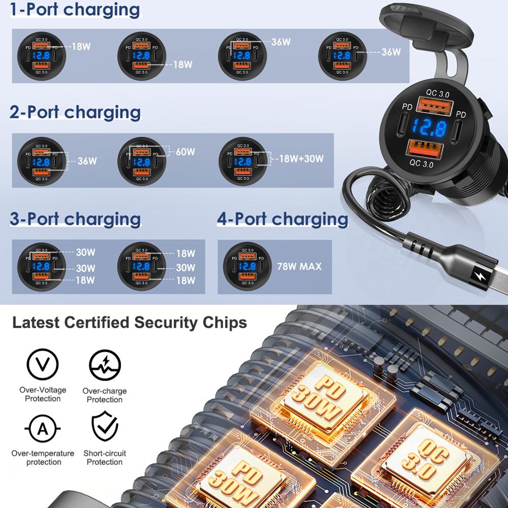 4-портовое USB-зарядное устройство со светодиодным вольтметром, двойной PD и двойной адаптер быстрой зарядки QC3.0, водонепроницаемый для автомобиля, лодки и мотоцикла 12/24 В