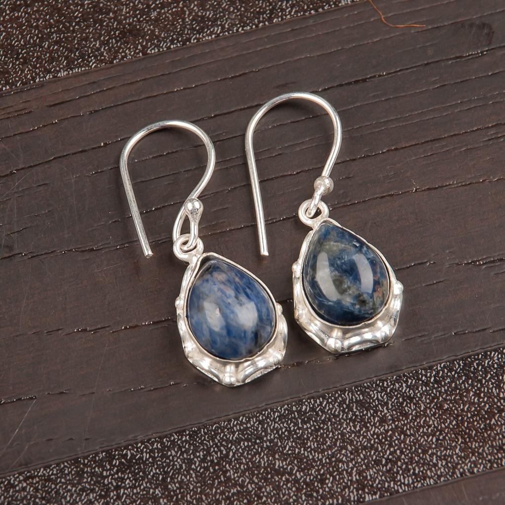 Натуральный камень содалит, серебро 925 пробы, ювелирные изделия ручной работы, серьги 1,30" EE-3-28