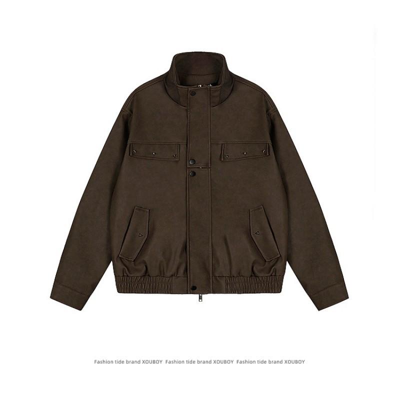 Unisex Oversized PU Leather Jacket With Stand Collar Casual Lightweight Outerwear Fall