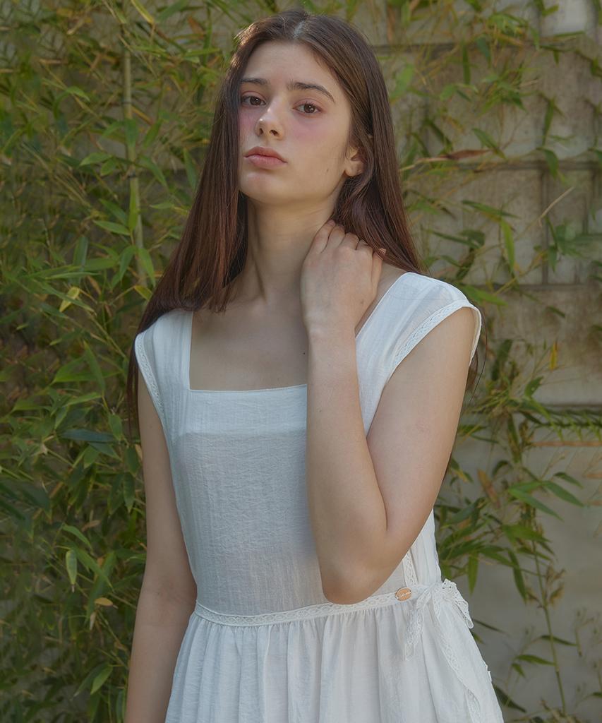Anoetic Anc Square Neck Lace Waist Dress_White