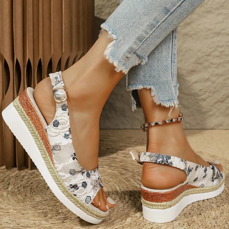 Fashion Retro Mix Color Print Sandals for Women Fashion Back Strap Peep Toe Sandal Woman Anti-Slip Weightlight Wedge Sandalias Mujer