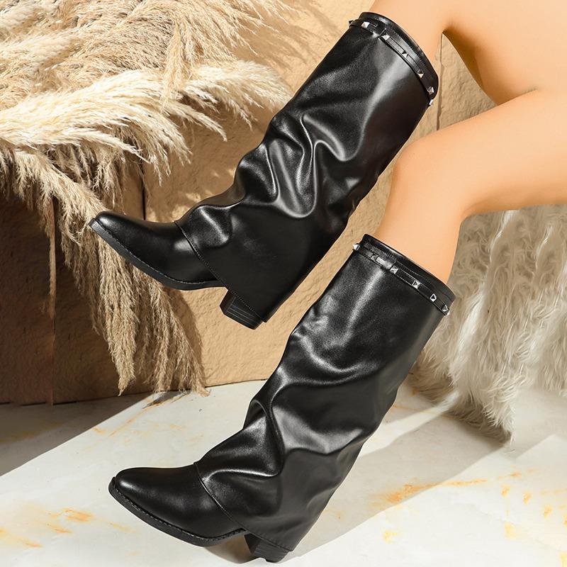 Pointed Toe Plus-size Pleated Sleeve Mid-heel Trouser Boots 2025 Winter New British-style High Boots for Women