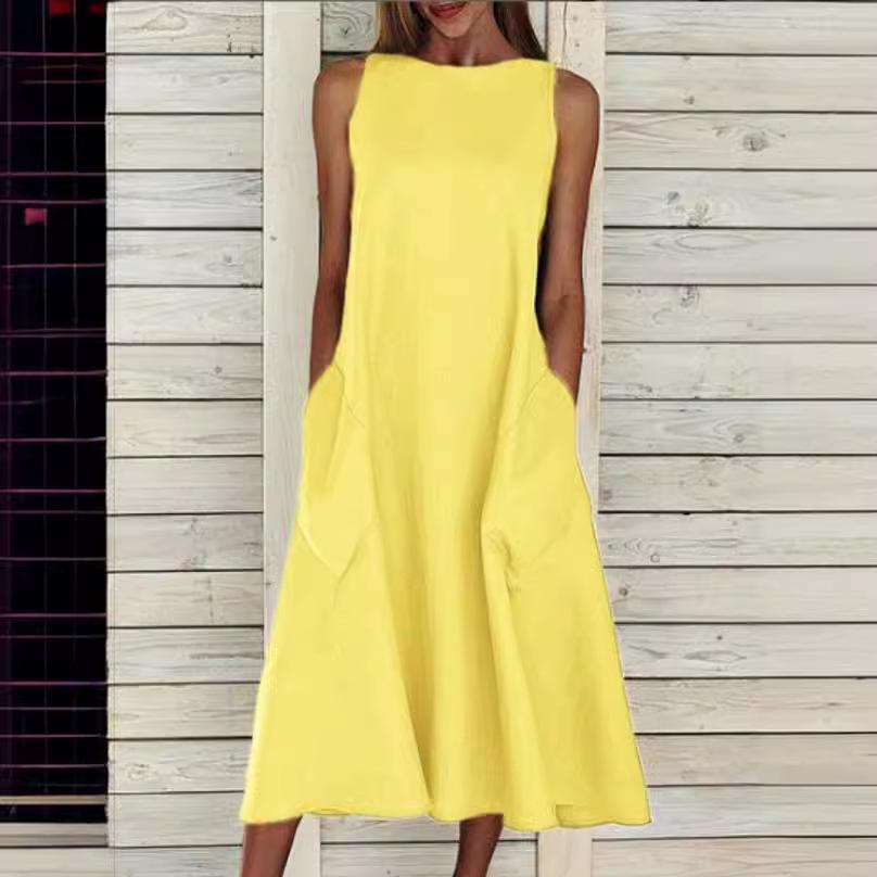 European & American Style Round Neck Sleeveless Double Pocket Long Dress (2022)