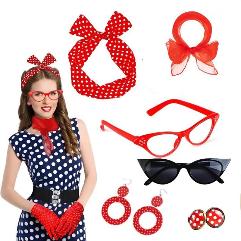 Vintage 1950s Costume Set Polka Dot Earrings Headband Glasses Party Cosplay