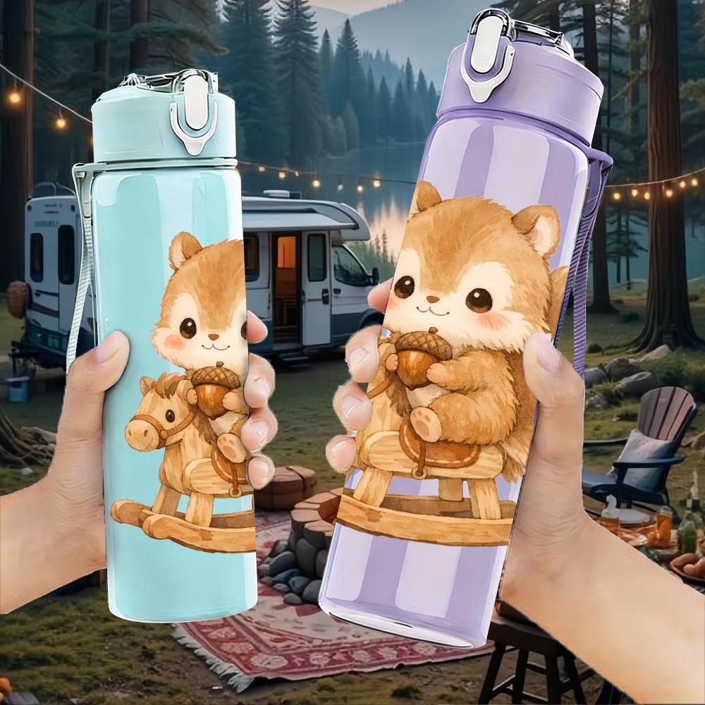 1PC Squirrel On Rocking Horse Print 750ml Color Plastic Sports Water Bottle Leakproof Flip Straw Lid Suitable for Sports Office Home Use