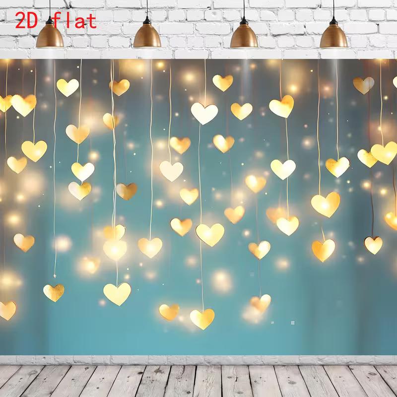 Teal Romantic 2D Backdrop, Golden Heart Lights Photo Background