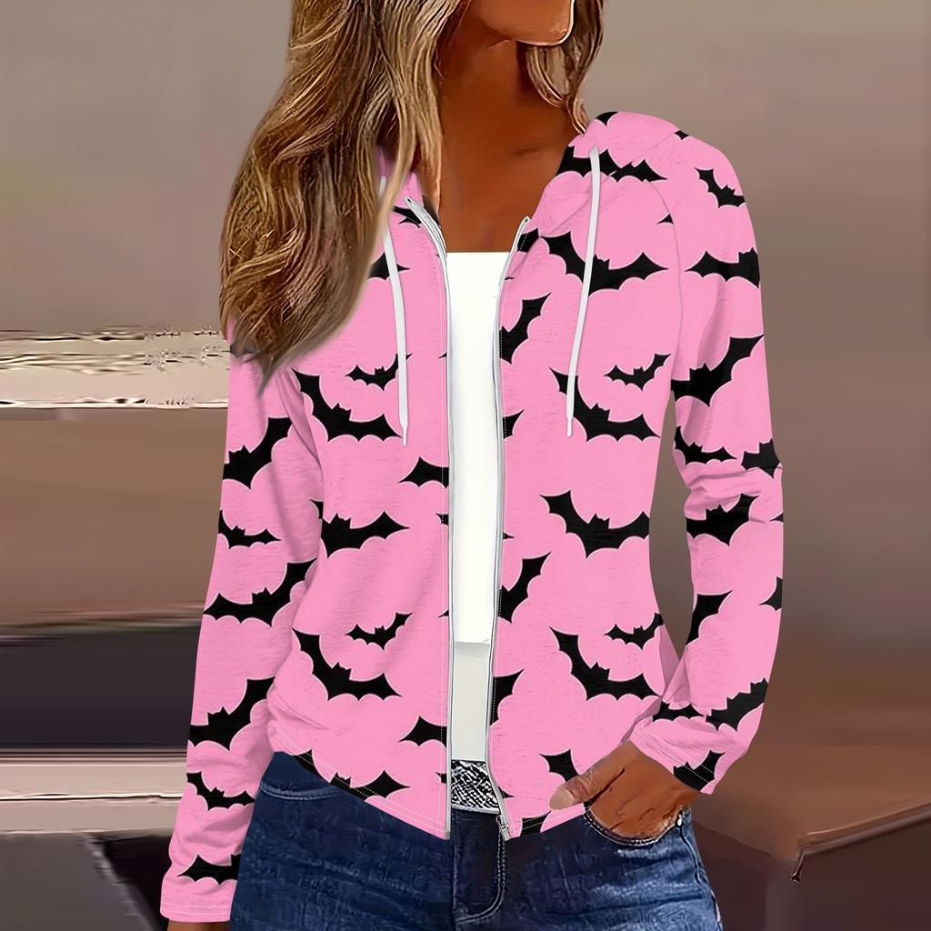 Women's Fashion Casual Zip Up Hooded Halloween Print Long Sleeve Sweatshirts Coat